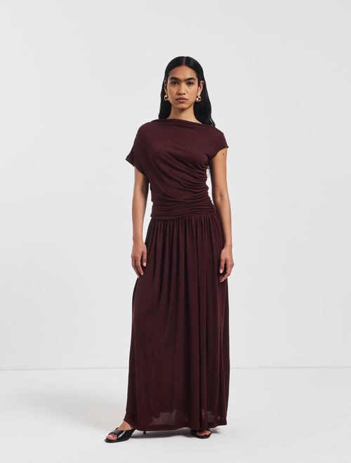 Priam Draped Dress in Bordeaux - MicroModal
