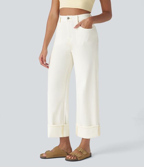 Flex™ High Waisted Pockets Rolled Hem Wide Leg Washed Casual Jeans  - Beige Denim