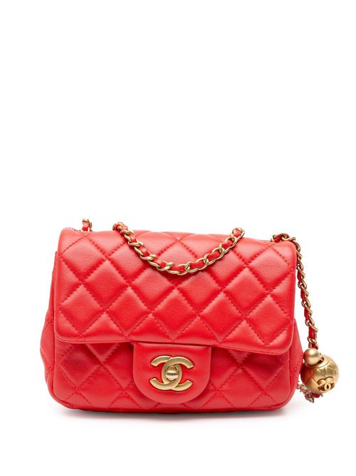 2019 Mini Square Classic Lambskin Pearl Crush Flap crossbody bag - Red