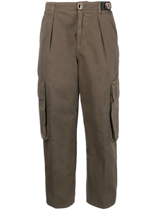 Floral-embellished cotton cargo trousers - Brown