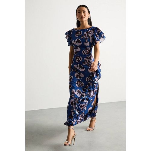 Warehouse Women's Petite Printed Side Split Ruffle Detail Maxi Dress in Blue