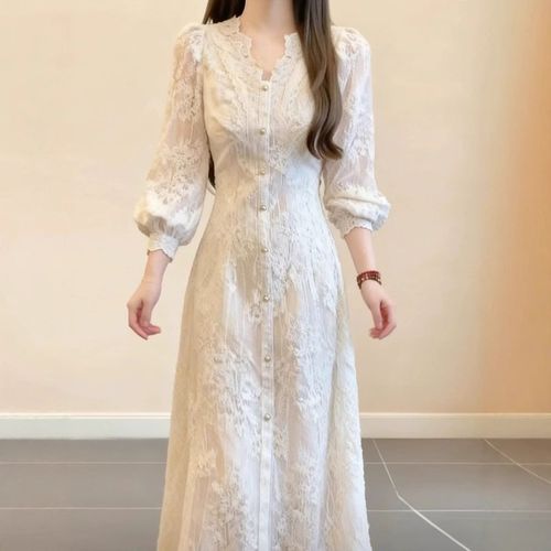 ​​French-Inspired Lace V-Neck Maxi Dress – Elegant Long Sleeve Floral Embroidery A-Line Gown With Waist-Defining Fit Beige, Fleece-Lined Beige