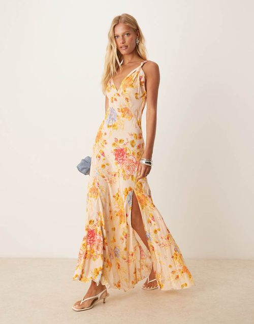 Satin slip maxi dress in floral print-Pink