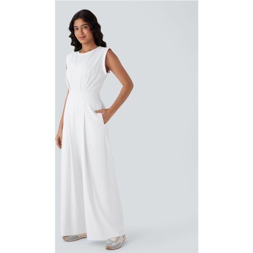 Halara Softlyzero™ QuickDry Round Neck Sleeveless Keyhole Back Side Pocket Yoga Jumpsuit-Easy Peezy Edition - White - XLregular