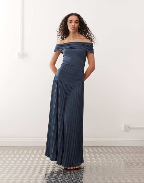 Field of Dreams fine knit foldover bardot ruched drop waist pleated maxi dress in navy
