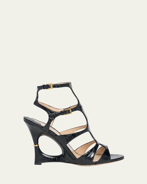 Crocodile-Embossed Caged Wedge Sandals