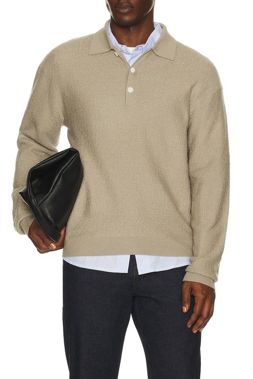FRAME Polo Sweater in Warm Grey - Taupe. L also in M, XL/1X, XXL/2X
