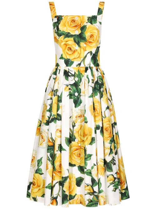 Rose-print cotton midi dress - White