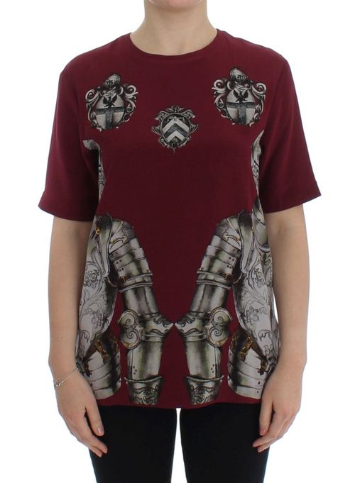 Medieval Knight Print Silk Blouse — Red