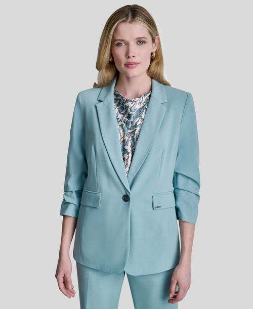 Women's Notch Collar Ruched-Sleeve Blazer - Cameo Blue