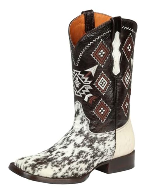 Men's Cowboy Western Rodeo Boots Hair Cowhide Square Toe White/Brown (White/Brown, US Footwear