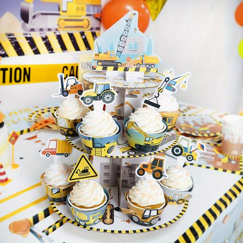 TEMU 16pcs Construction Cupcake Wrappers And Toppers Set, Paper Cake Decorations For Birthday Party, No Electricity Needed, Featherless, Fun Party