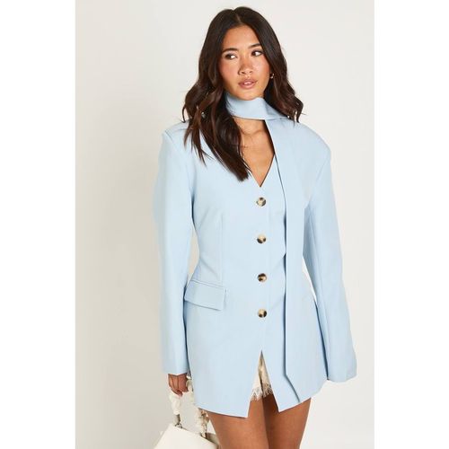 Boohoo Women's Tailored Scarf Detail Shoulder Pad Blazer Dress in Pastel Blue