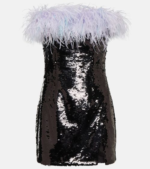 Self-Portrait Feather-trimmed sequined minidress