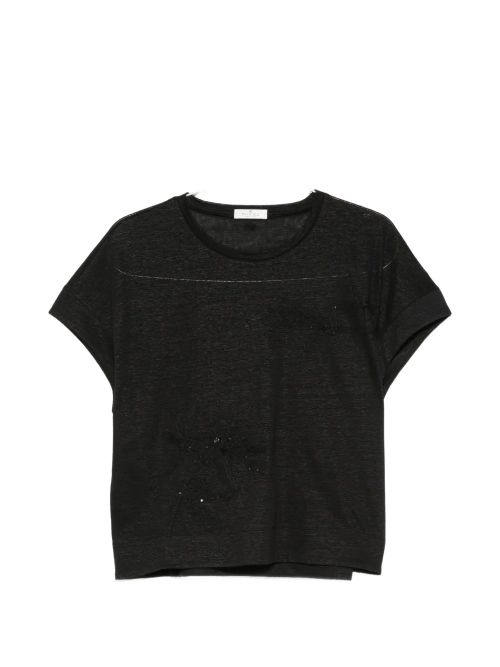 Sequin-Embellished Floral-Embroidered T-Shirt — Black