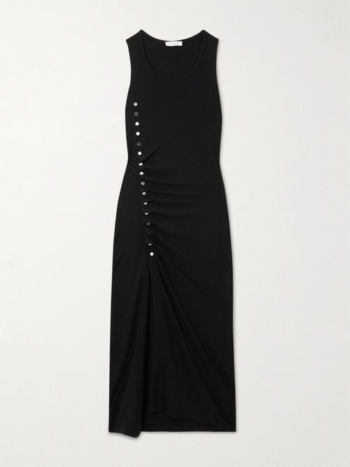 Gathered Embellished Jersey Midi Dress - Black