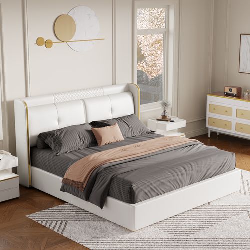 Homary White Wingback King Storage Bed with Faux Leather Upholstered Foam Padding Headboard & Wood Slat