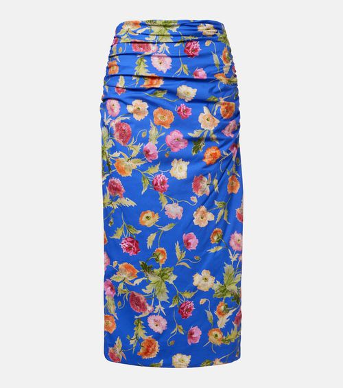 Floral ruched cotton-blend midi skirt
