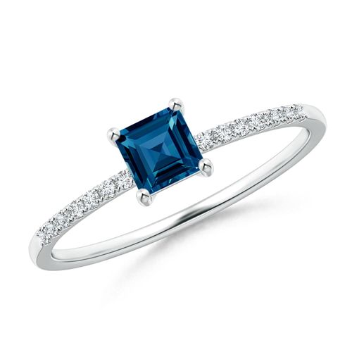 Angara 0.44 Carat Square London Blue Topaz Ring with Diamond Studded Shank in Platinum