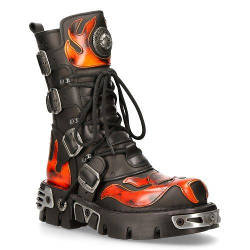 Flame Accented Black/Red Leather Biker Skull Boots- 107-S1