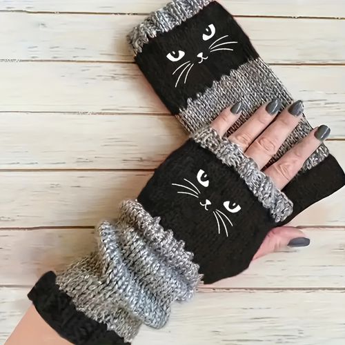 TEMU 2025 Autumn And Winter Embroidery Color Block Vintage Fingerless Gloves Thick Women's Casual Glove