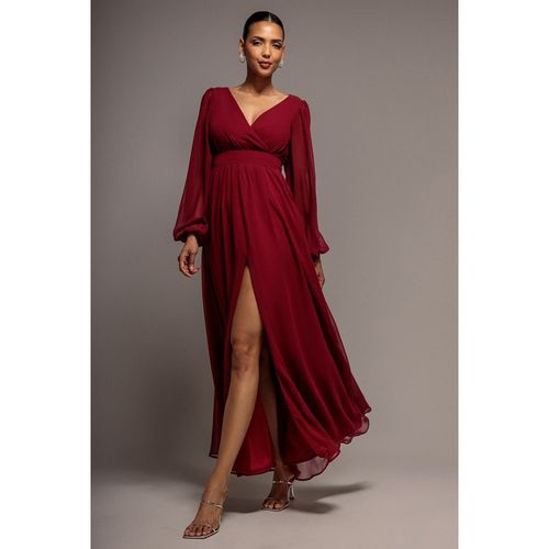 Goddiva Wrap Back With Front Slit Chiffon Maxi Dress - Berry