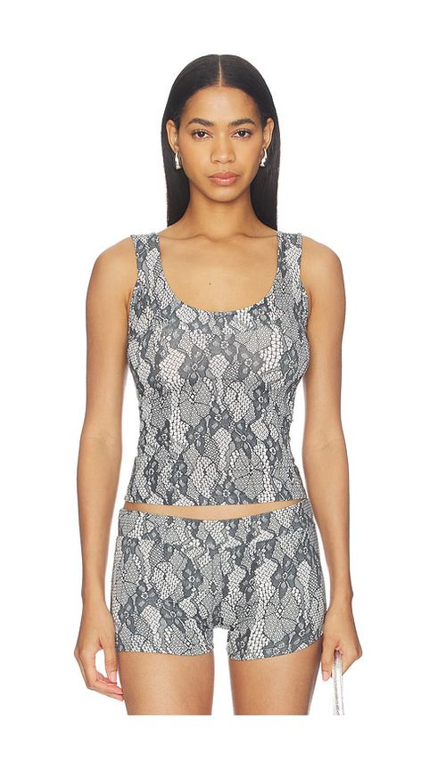 1XBLUE Lace Print Tank Top in Black. - S also in XS