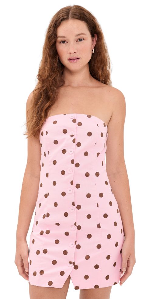 Polka Dot Linen Strapless Dress Pink/Brown