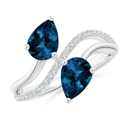 Angara 3.1 Carats Pear-Shaped London Blue Topaz Two-Stone Bypass Ring in Platinum