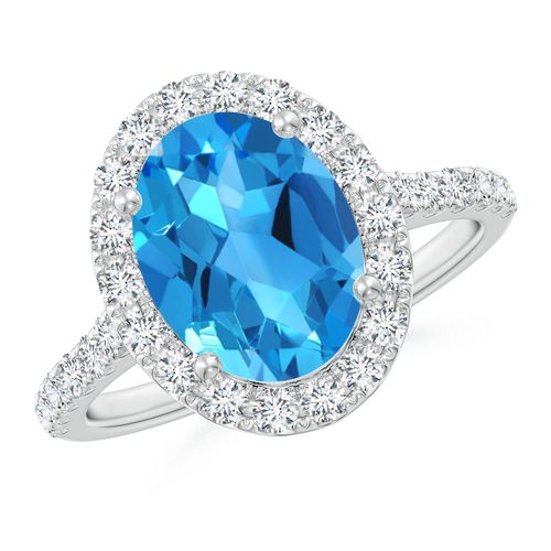 Angara 3.25 Carats Prong-Set Oval Swiss Blue Topaz Halo Ring with Diamonds in Platinum