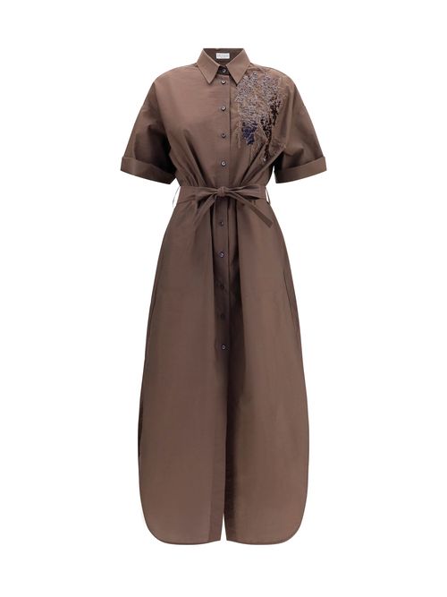 Sequin-Embroidered Shirt Dress — Brown