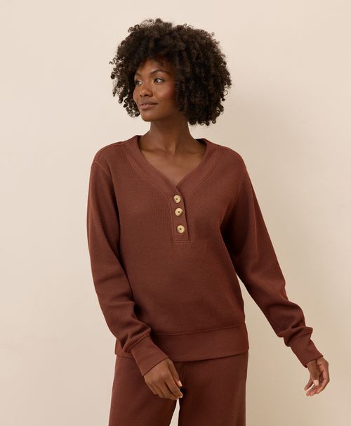 Women's Mahogany Brown Thermal Waffle Henley Pullover