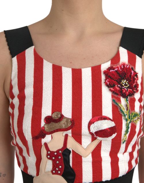 Floral-Embroidered Striped Dress — Red