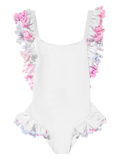 Ruffled pom-pom swimsuit - White