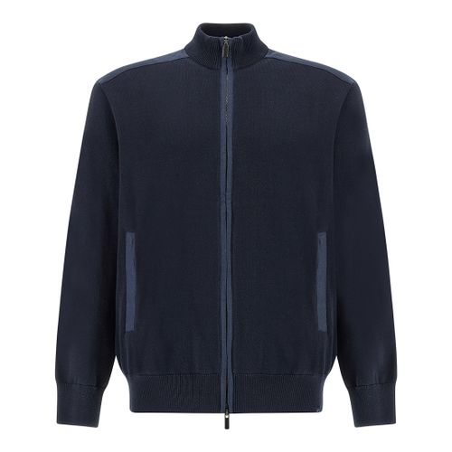 Zip‑up sweater in Fresco cotton with linen details, Man, Blue