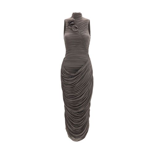 Draped High-Neck Midi Dress — Gray