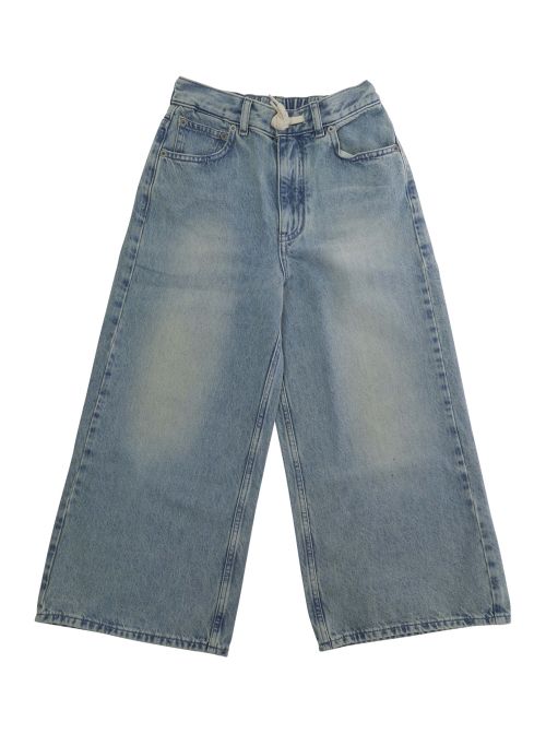Light Blue Jeans With Front Knot Closure And Faded Denim Design For Kids - Kids