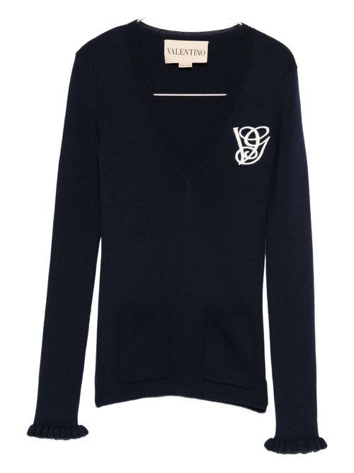Ruffled V-neck wool sweater - Blue