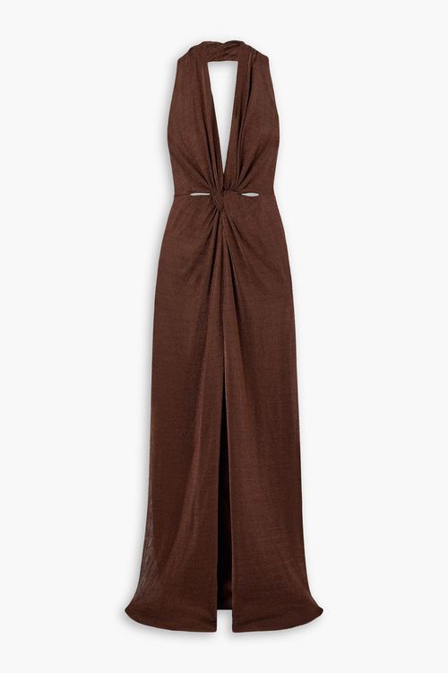 Ambrie cutout metallic jersey halterneck gown