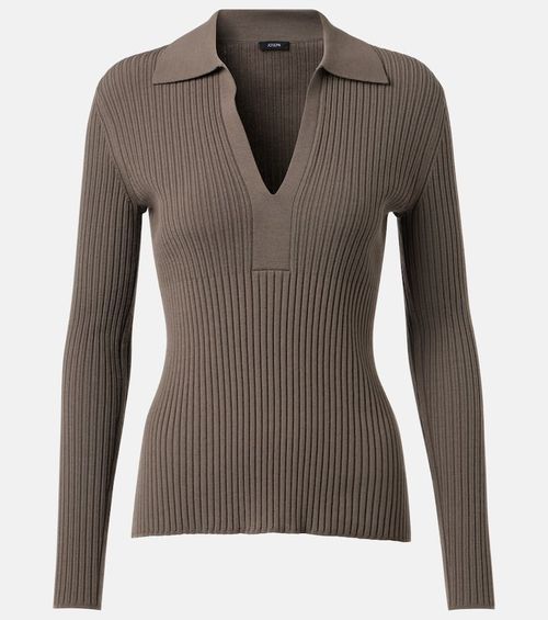 Ribbed-knit wool polo shirt