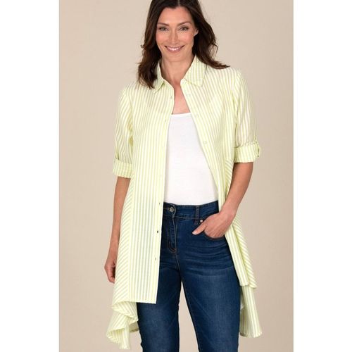 Klass. Women's Oversized Striped Seersucker Dipped Hem Shirt in Lime | : Small/Mediu