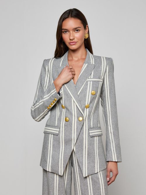 Kendi Longline Blazer In Grey/ivory Stripe