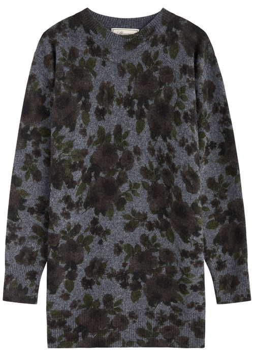 Floral-print Wool-blend Mini Jumper Dress - Grey - L (UK14 / L)