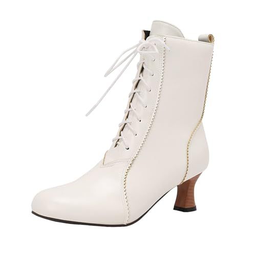 Boots for Women Mid Calf Victorian Boots Lace up Side Zipper Mid Heel Ankle Booties Vintage 70s Knight Gothic Leather Boots