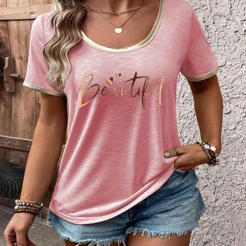 TEMU Women's Casual Y2k Graphic T-shirt - "beautiful" Letter Print, Beige Relaxed Fit Short Sleeve Top, Medium -washable Tee, Ladies T Shirts, Soft