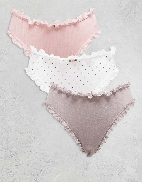 3 pack brazilian with lace trim in pink rib, navy polka and cream heart pointelle-Multi