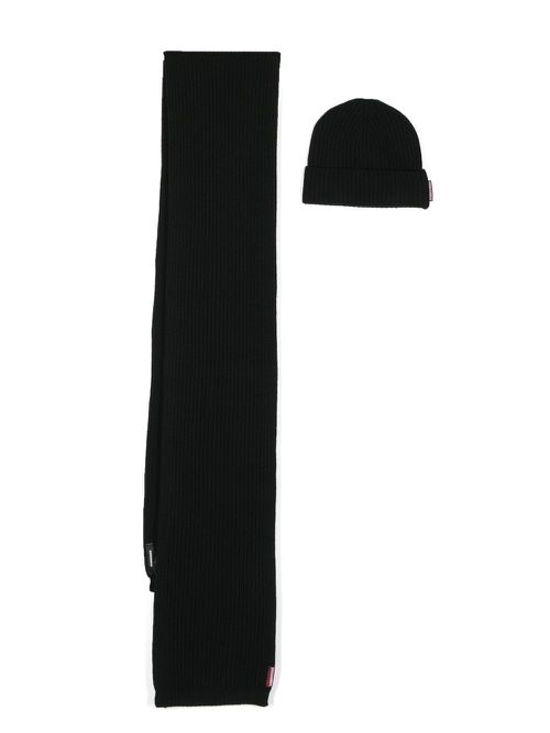 Knitted wool scarf-beanie set - Black