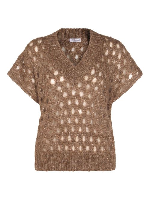 Open-knit V-neck sweater - Brown