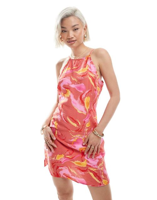 High neck cami strap mini dress in red marble print