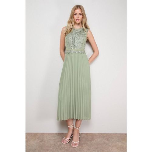 Oasis Women's Lace Trim Detail Pleated Midi Dress in Sage